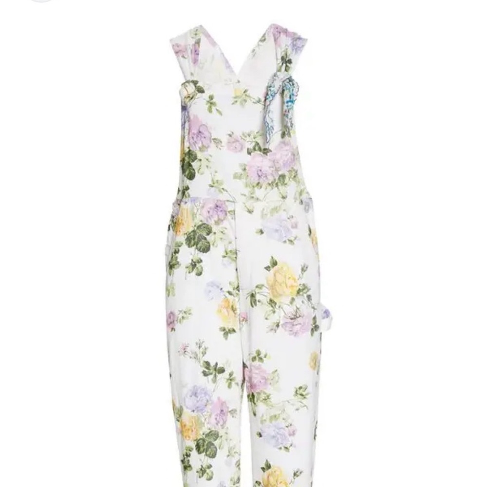 LoveShackFancy Daffy White Floral Cotton-Blend Overalls with Pastel Blooms